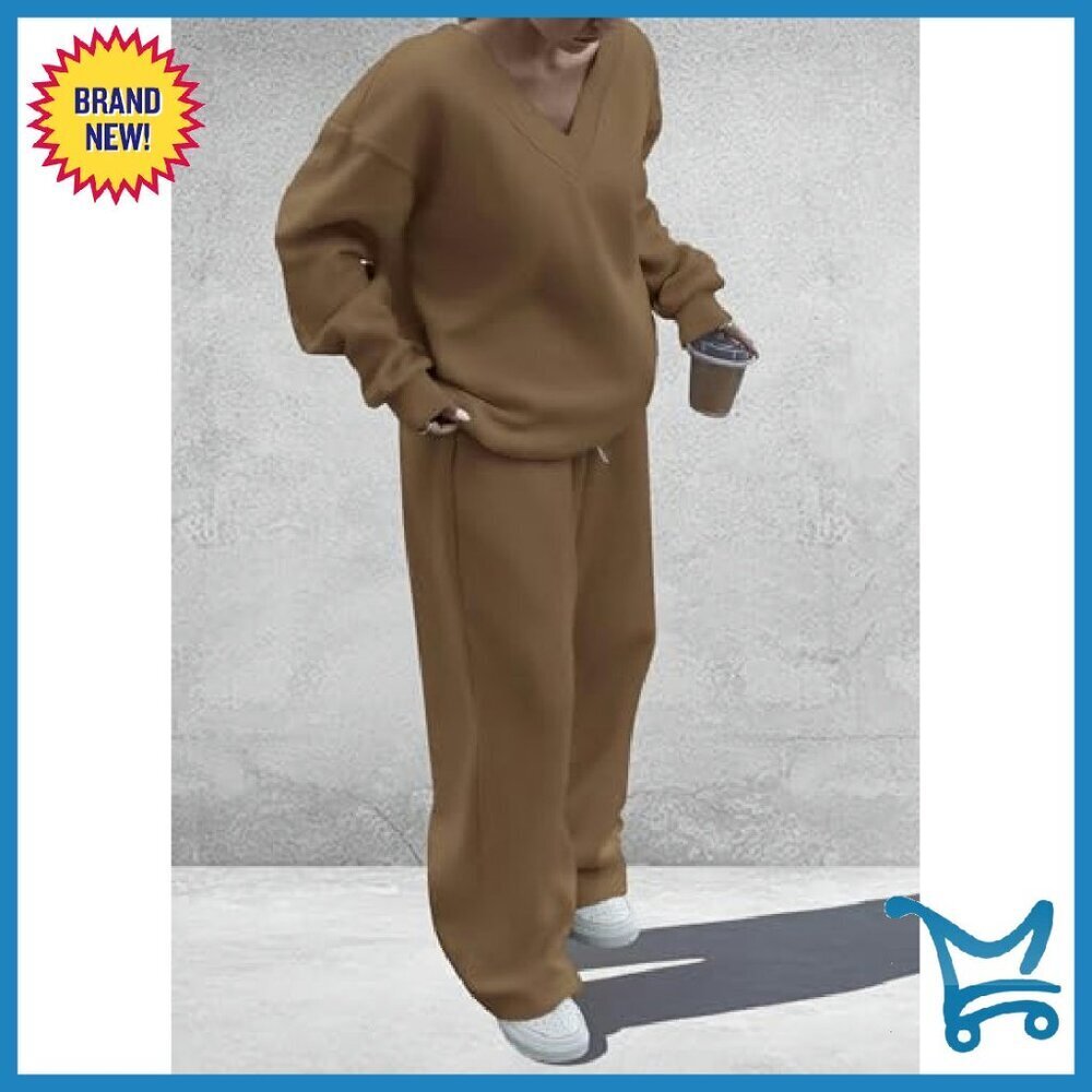 V-Neck Sweatshirt & Wide Leg Pants Set, Knit Fabric, Elastic Waist - Picture 6 of 8